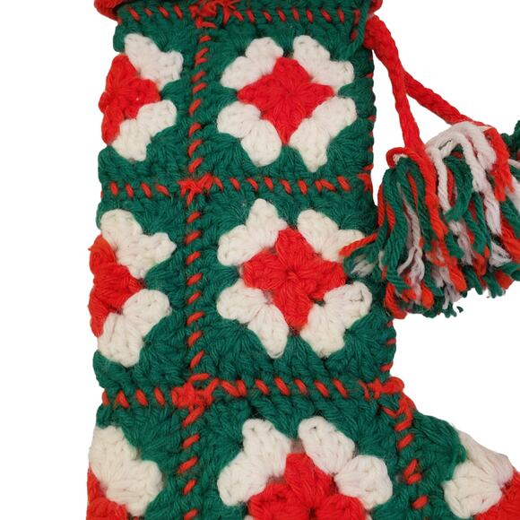 Crocheted Christmas Stocking Granny Square Handmade Vintage Christmas Stocking - Picture 5 of 10